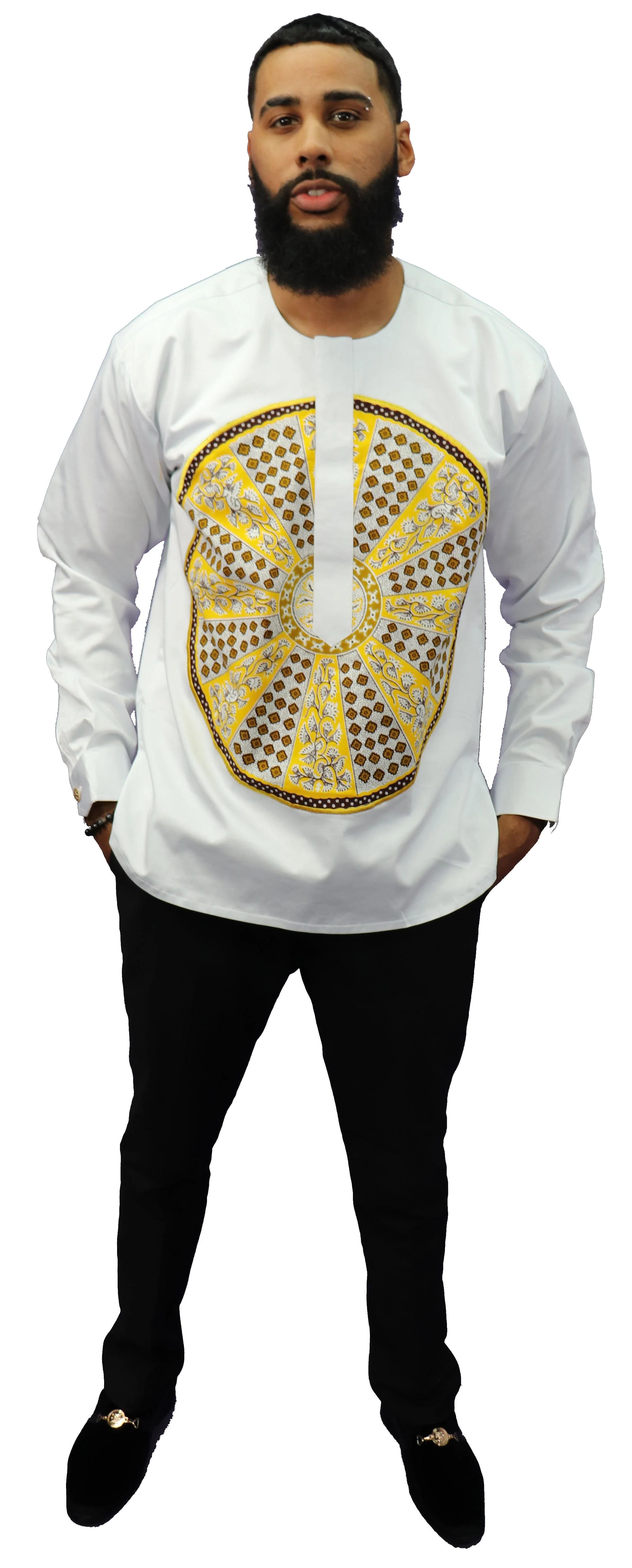 Long Sleeved Polo Style Shirt w/ African Print - 02 - Image 4